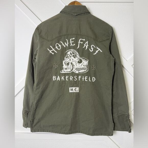 Howe Army Green Embroidered Bikercore Shirt Jacket Size Medium Bakersfield Cali - Picture 1 of 12